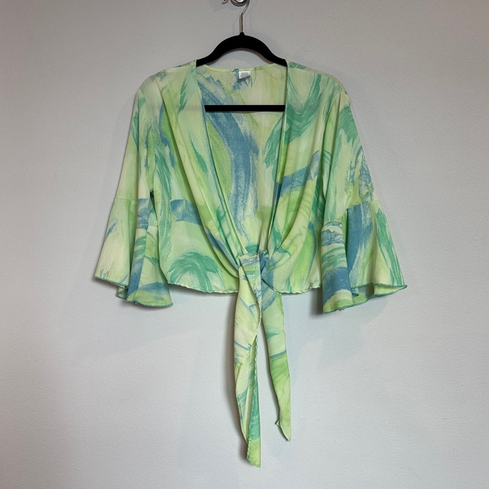 Watercolor Green and Blue Women's Kimono Tie-Front Cardigan - OS